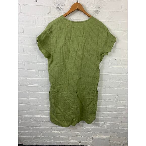 Flax Women's V-Neck Geometric Linen Mini Dress Short Sleeve Green Size Small - Picture 2 of 4